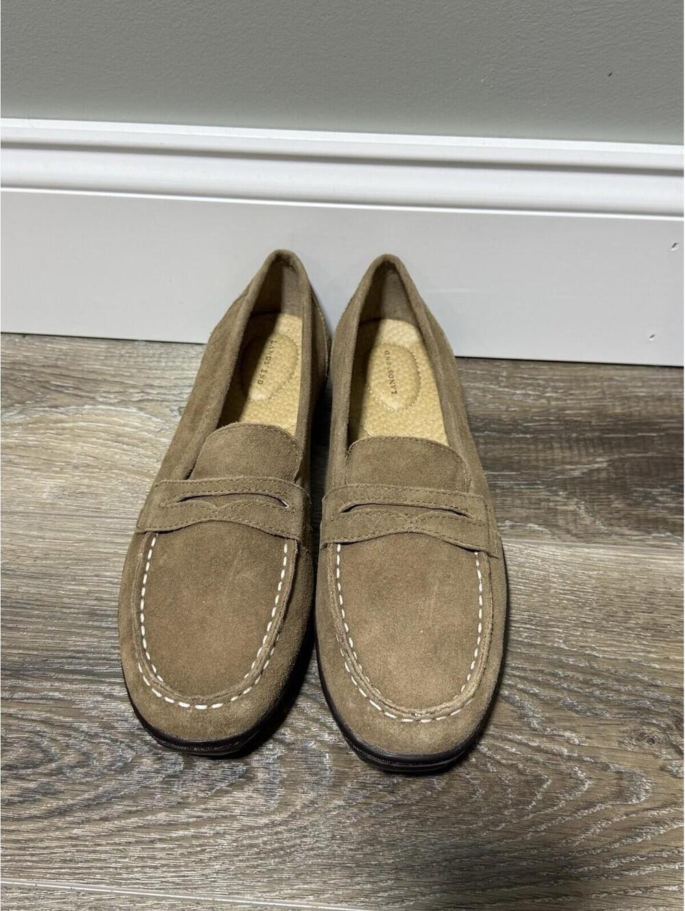 Lands' End Women’s Suede Penny Loafers Brown Moccasin Flats 8.5 Office Workwear